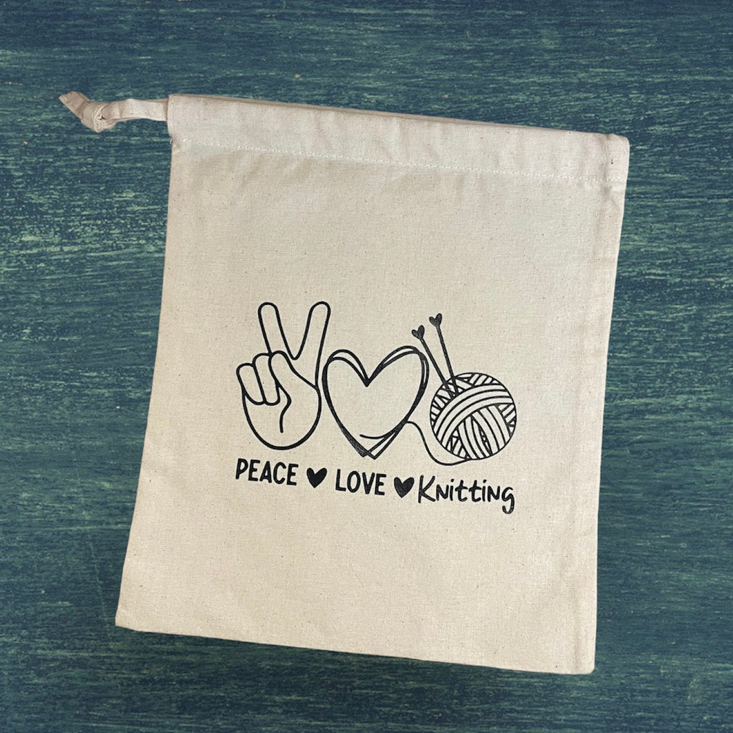 Peace Love Knitting, Cotton Drawstring Project Tote Bag