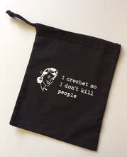 Load image into Gallery viewer, I Crochet So I Don’t Kill People Cotton Drawstring Tote Bag
