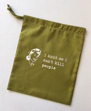 Load image into Gallery viewer, I Knit So I Don’t Kill People Cotton Drawstring Tote Bag
